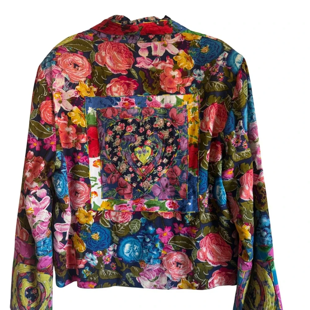 Sandy Starkman Art Jacket M Quilted Patchwork Hearts Floral Rayon Boho VTG - Picture 9 of 16
